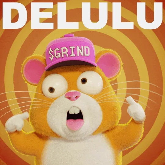 3D animated hamster with pink $GRIND cap, wide eyes, text 'DELULU' at top, orange spiral background, crypto meme style