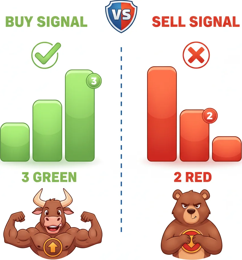 AC buy and sell signal bar counting method with green and red bars