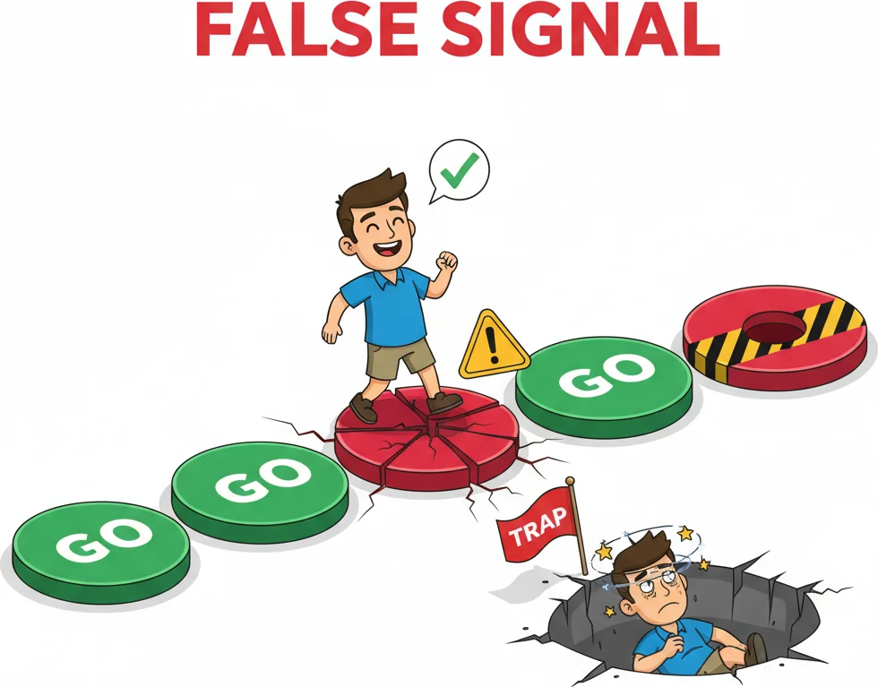 False signals trap with deceptive green bars turning red suddenly