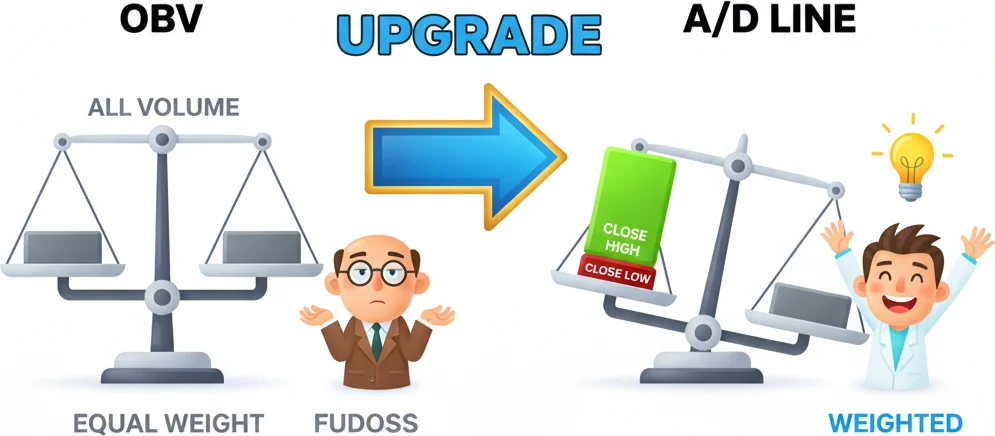 Chaikin A/D line vs OBV comparison showing close location advantage