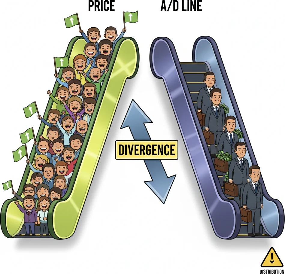 Smart money divergence — price going up while A/D line drops