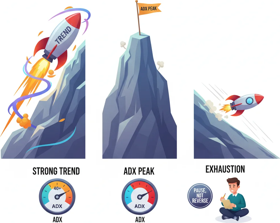 ADX peak exhaustion signal — trend running out of steam at the top