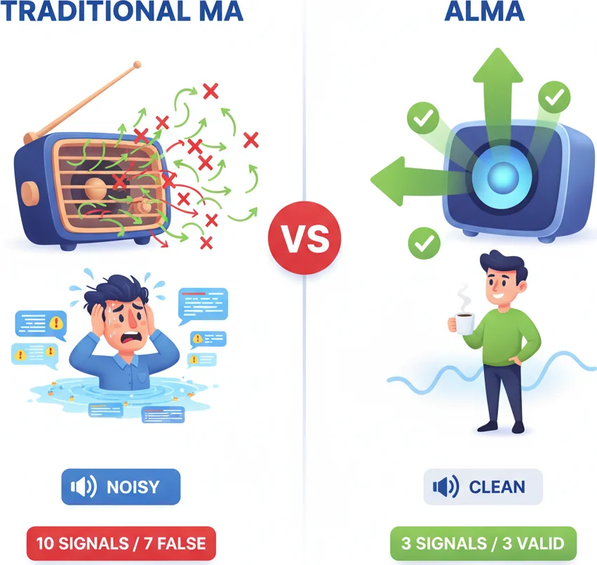 ALMA producing cleaner signals compared to noisy traditional moving averages