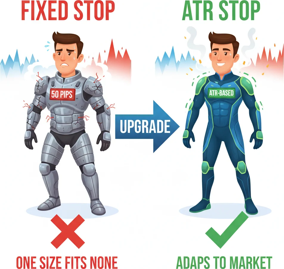Fixed pip stop vs ATR dynamic stop comparison with rigid vs flexible metaphor
