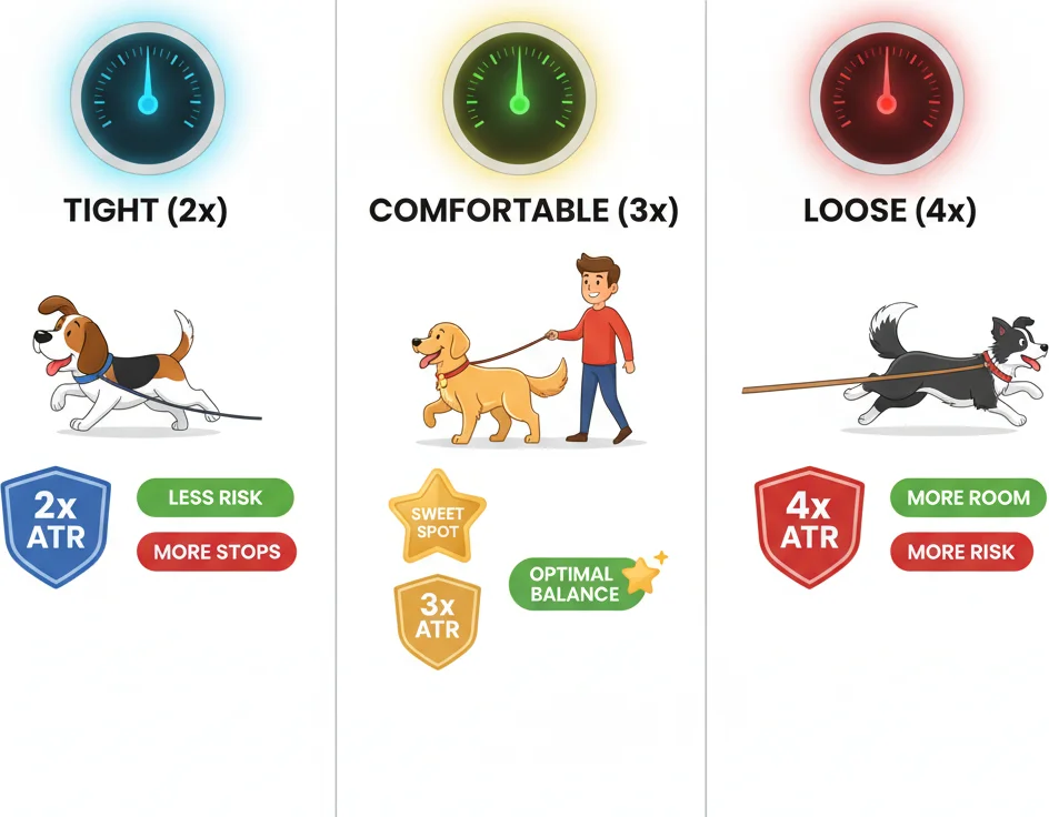 ATR multiplier comparison: tight 2x vs comfortable 3x vs loose 4x