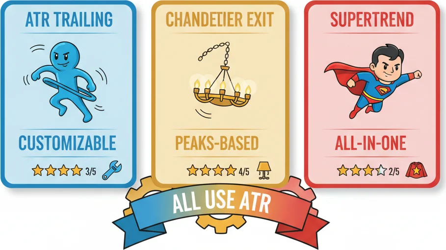 Three trailing stop methods compared: ATR vs Chandelier Exit vs Supertrend