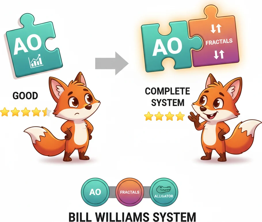 Bill Williams complete trading system combining AO with Fractals indicator