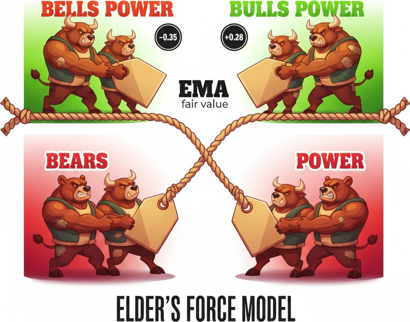 Elder force model showing bears pushing price below the EMA level