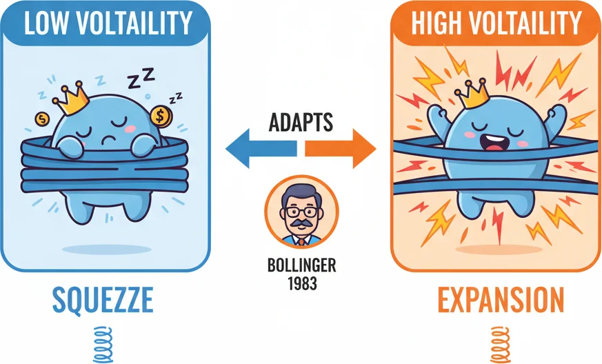 John Bollinger invention — adaptive bands that breathe with the market