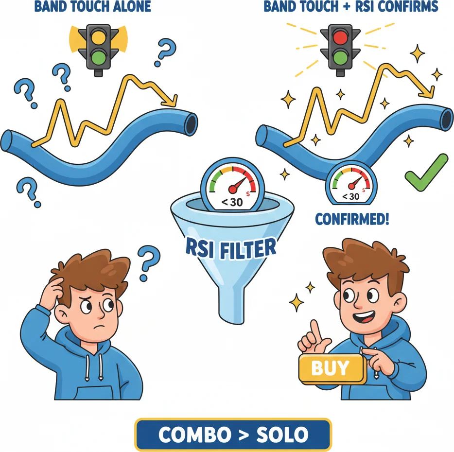 Bollinger Bands plus RSI combo filtering false signals at band touches
