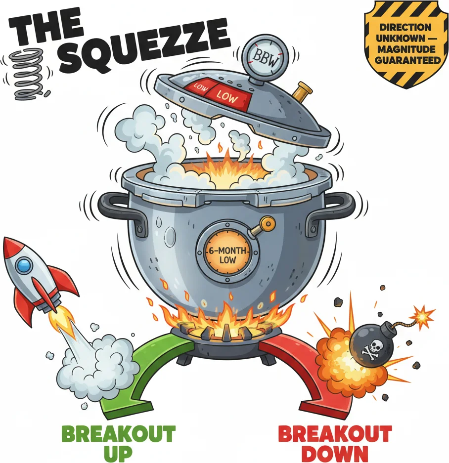 BBW historical low detection — finding the squeeze before the explosion