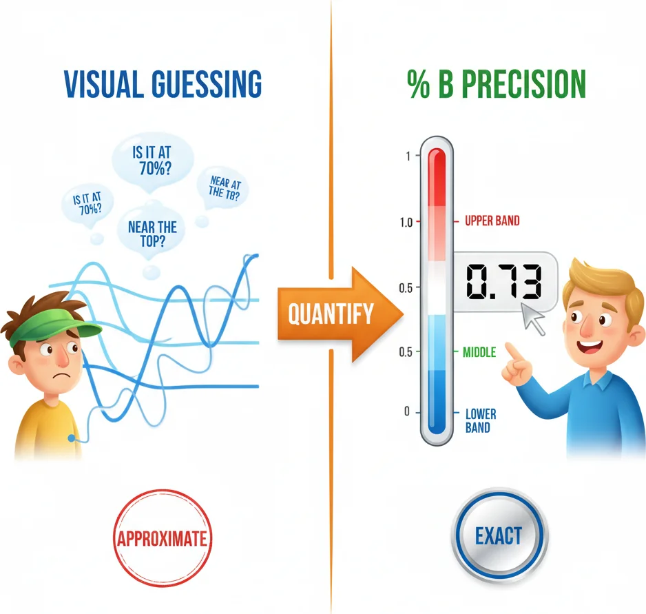 Bollinger %B converts visual band position into a precise decimal number