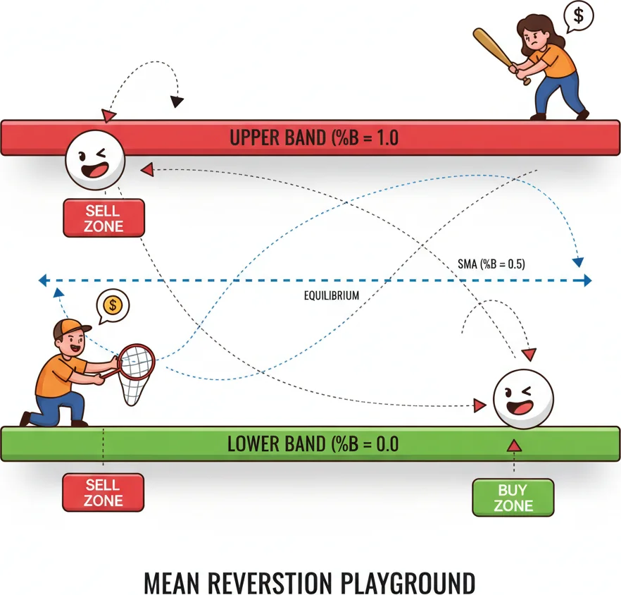 %B mean reversion strategy — buy at 0 sell at 1 with bounce mechanics
