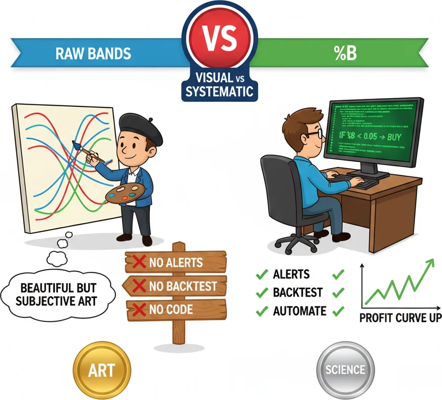 %B vs raw Bollinger Bands — when the number beats the visual