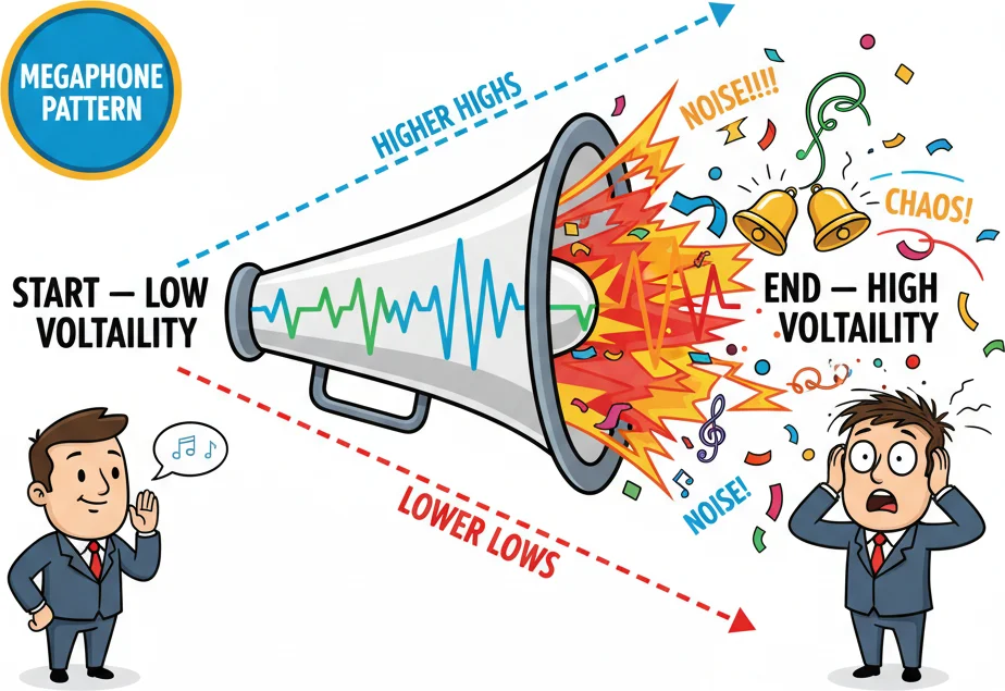 Broadening formation megaphone pattern with expanding price swings