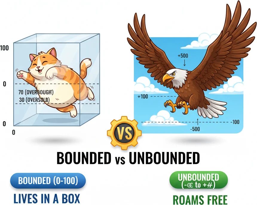 CCI vs RSI comparison — unbounded vs bounded oscillators
