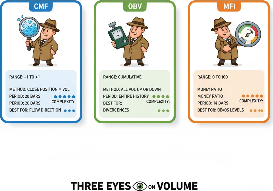CMF vs OBV vs MFI — three volume indicators compared side by side
