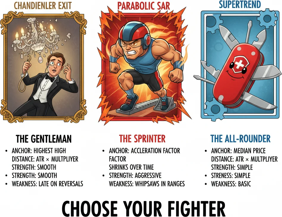 Three trailing stops compared: Chandelier Exit vs Parabolic SAR vs Supertrend