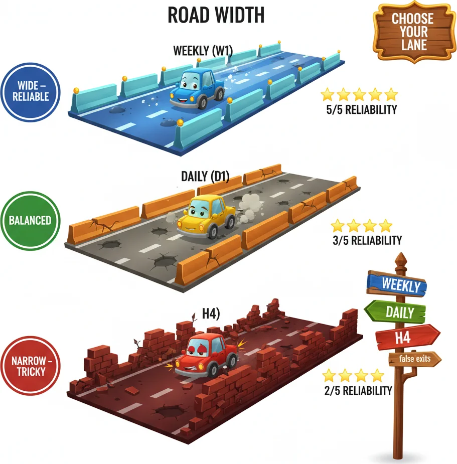 Channel settings comparison across H4, D1, and W1 timeframes