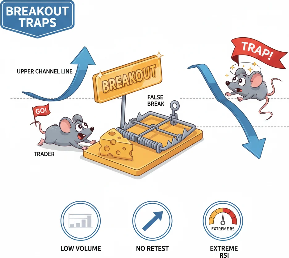 Channel breakout traps — false breakouts that lure traders then reverse