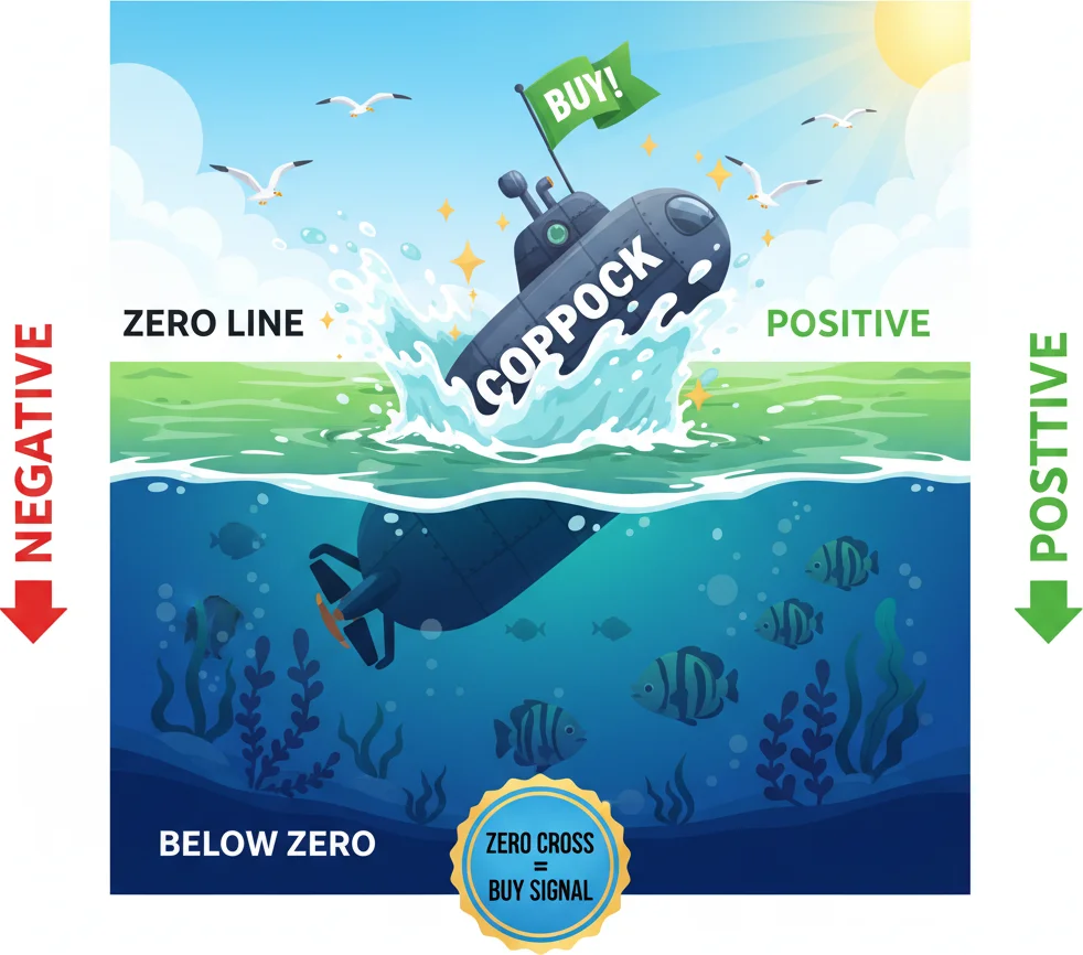 Coppock buy signal — the zero line cross from below