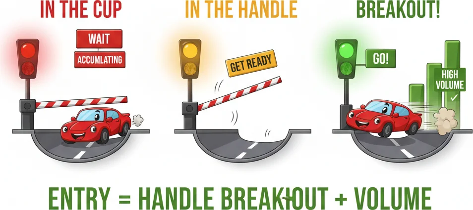 Cup and handle entry timing — breakout above handle resistance with volume
