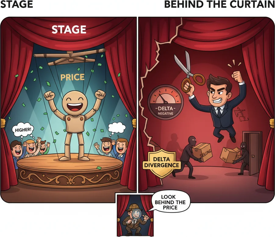 Delta divergence — price going up while delta turns negative revealing hidden selling