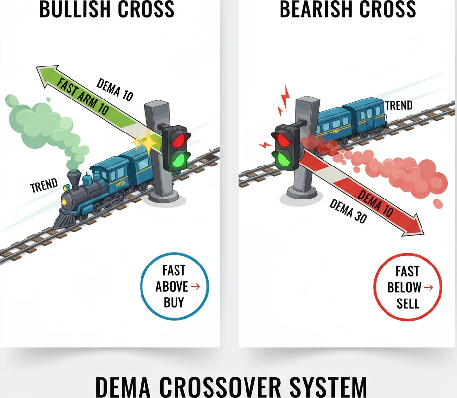 DEMA crossover system for swing trading with fast and slow DEMA lines