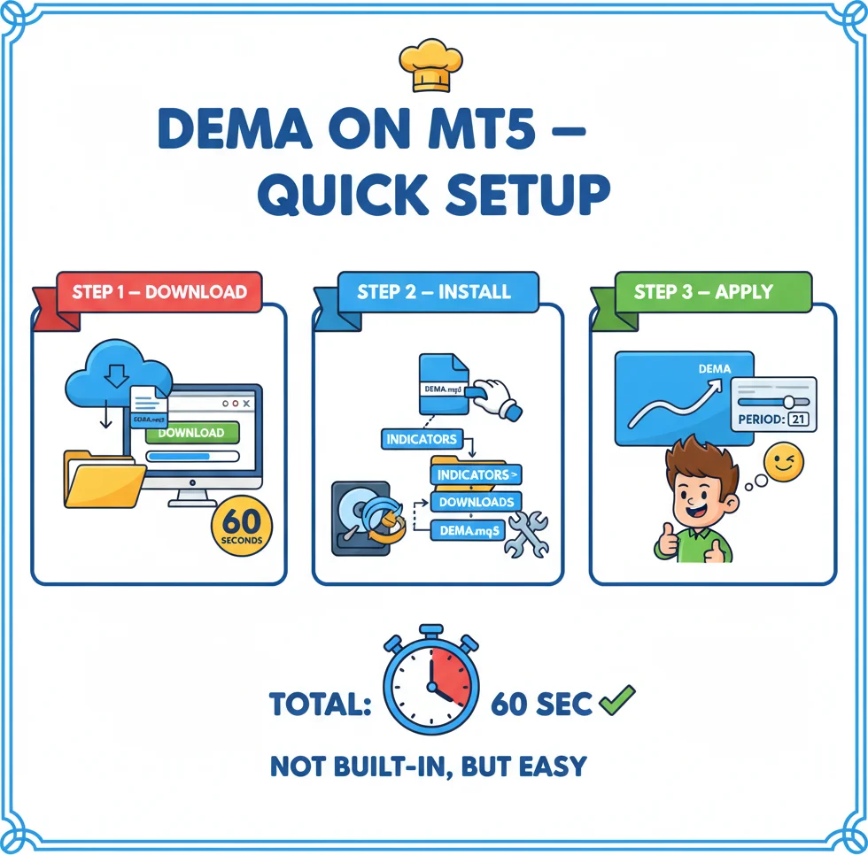 DEMA on MetaTrader 5 setup guide — custom indicator installation steps