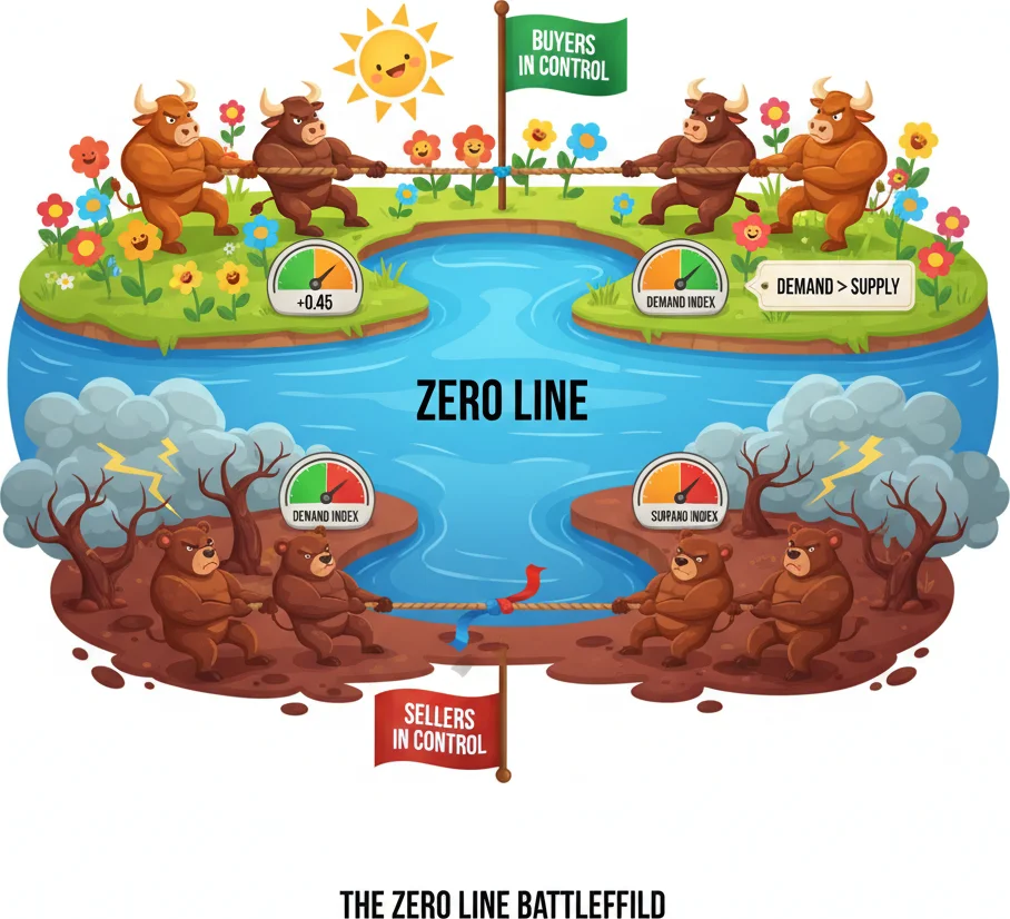 Demand Index zero line — buyers vs sellers in control