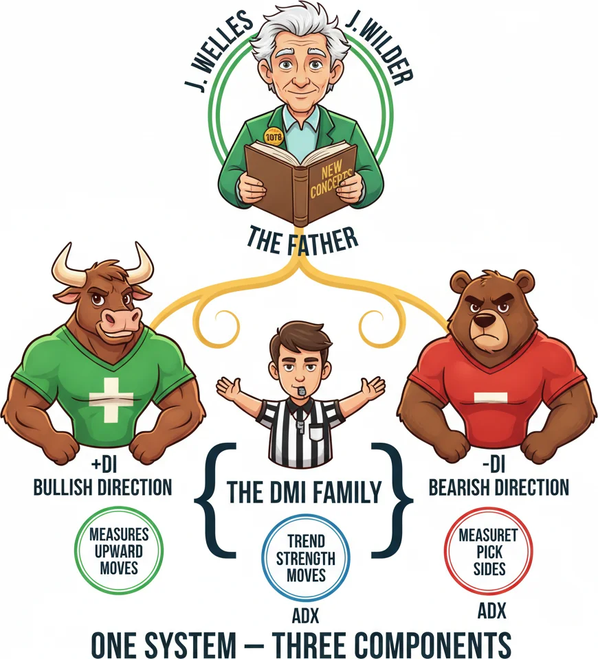 Wilder DMI system as the directional movement family tree with ADX