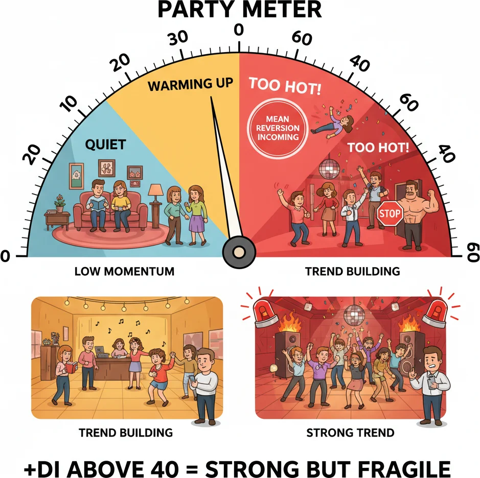 When +DI hits extreme 40+ levels and what typically happens next