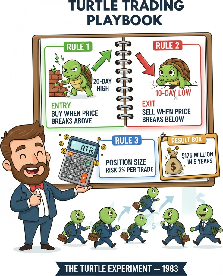 Turtle Trading rules using Donchian Channel breakouts for entries and exits