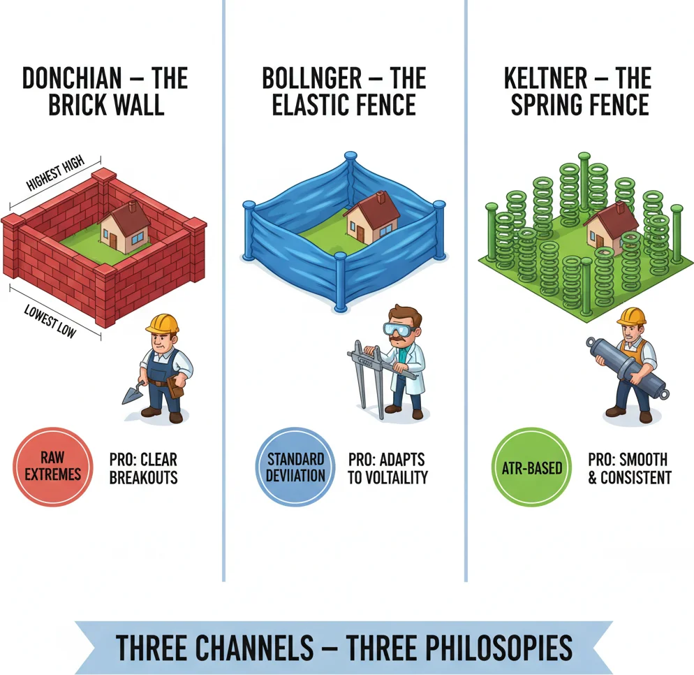 Donchian vs Bollinger vs Keltner — three channels compared
