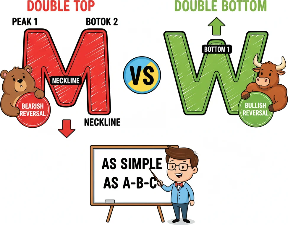 Double top pattern looks like the letter M and double bottom like W