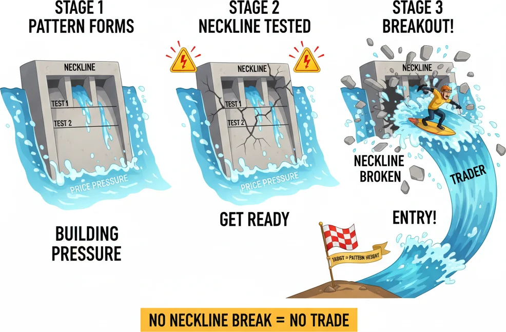 Neckline break confirmation — the moment the double pattern becomes tradeable