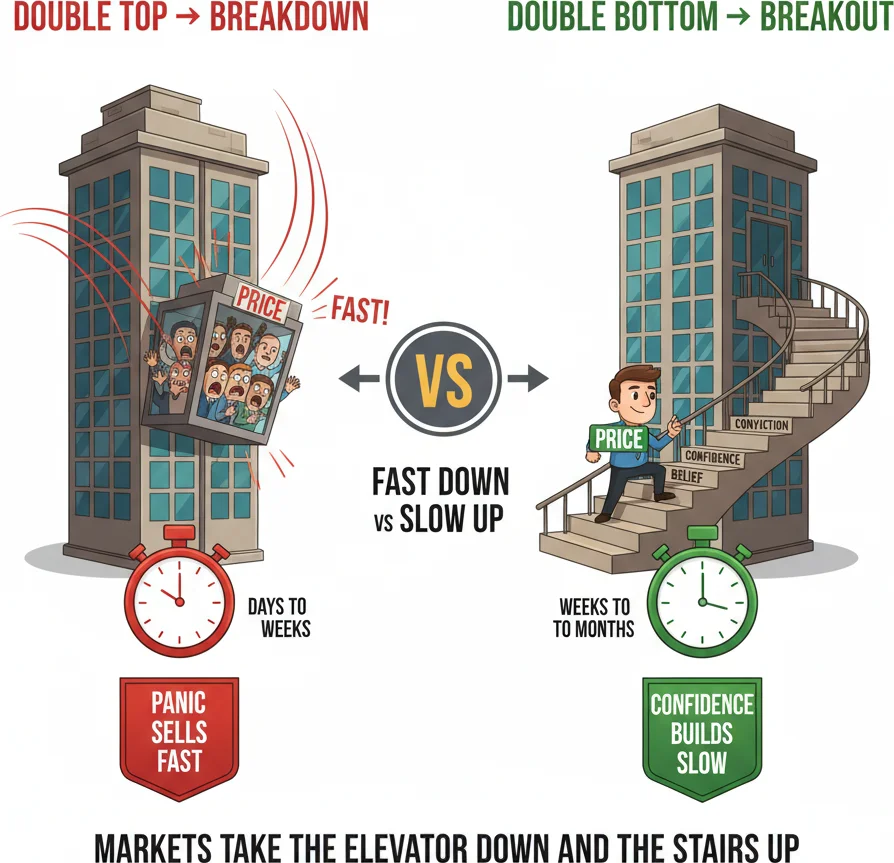 Double top vs double bottom asymmetric behavior — tops are faster than bottoms