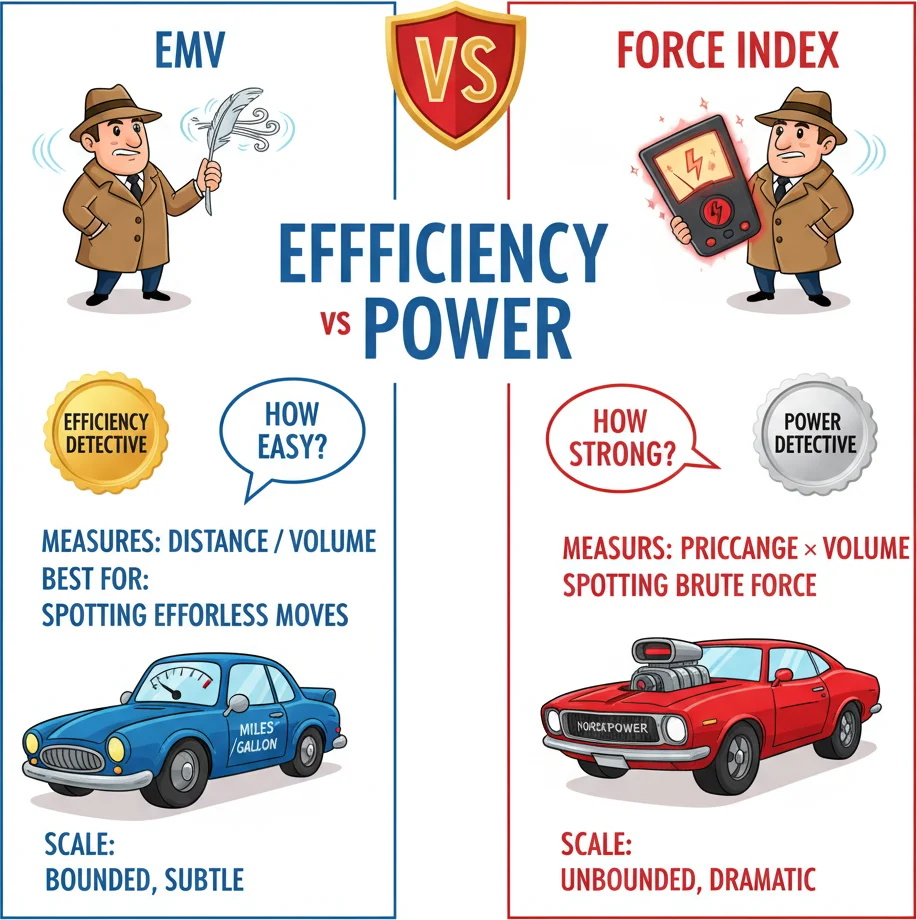 EMV vs Force Index comparison — two volume-movement indicators side by side