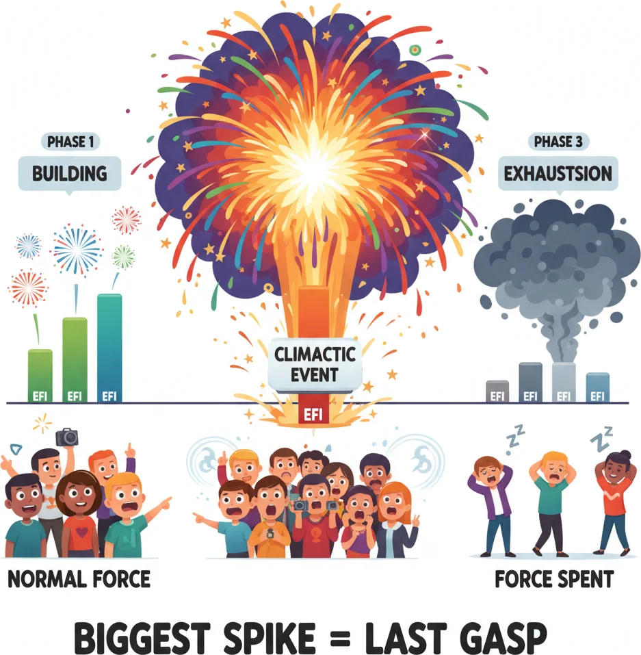 EFI spike analysis — climactic volume events signal exhaustion