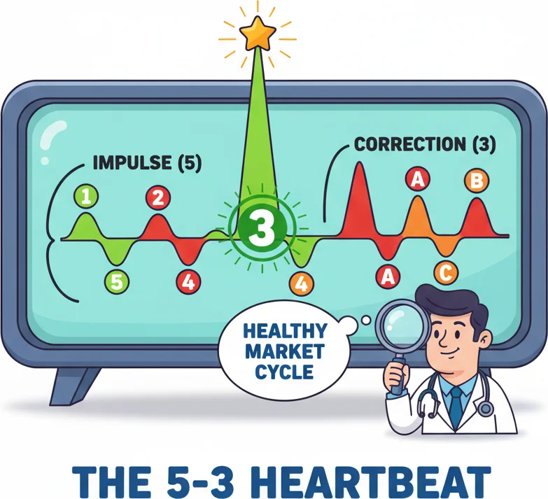 Elliott Wave 5-3 pattern — five impulse waves plus three corrective waves
