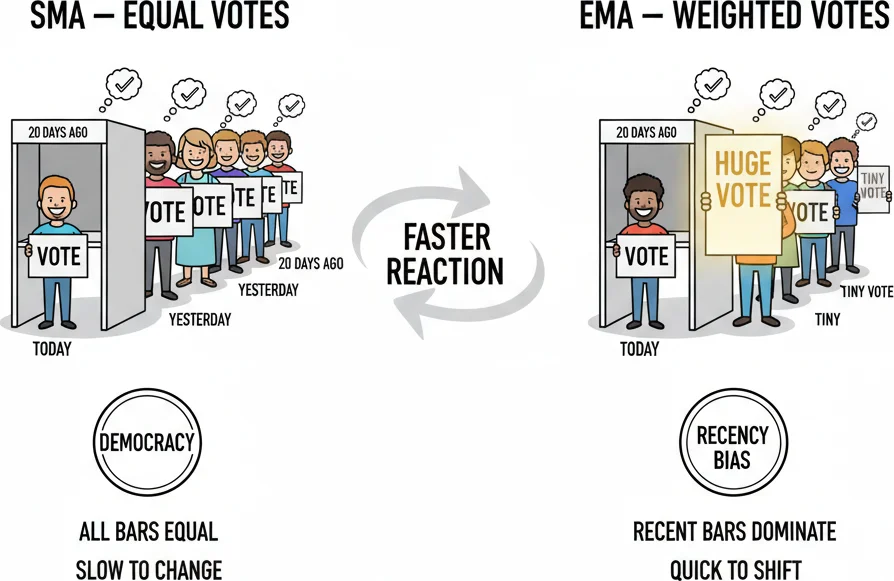 Why EMA reacts faster than SMA — exponential weighting gives recent prices more power