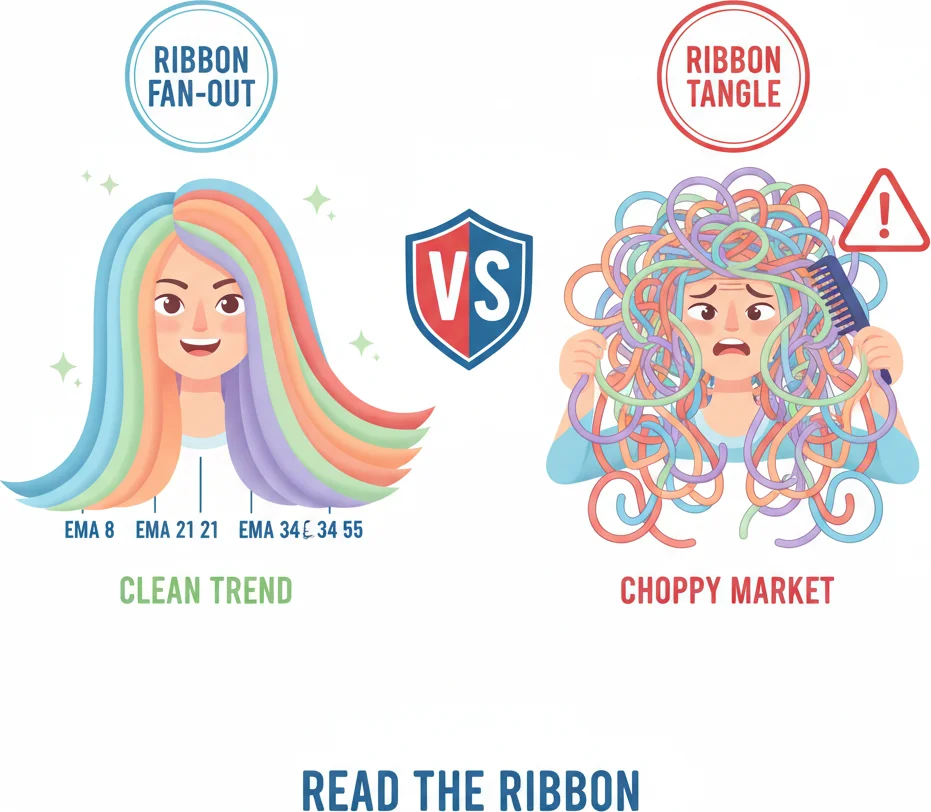 EMA ribbon showing multiple EMAs fanning out for momentum reading