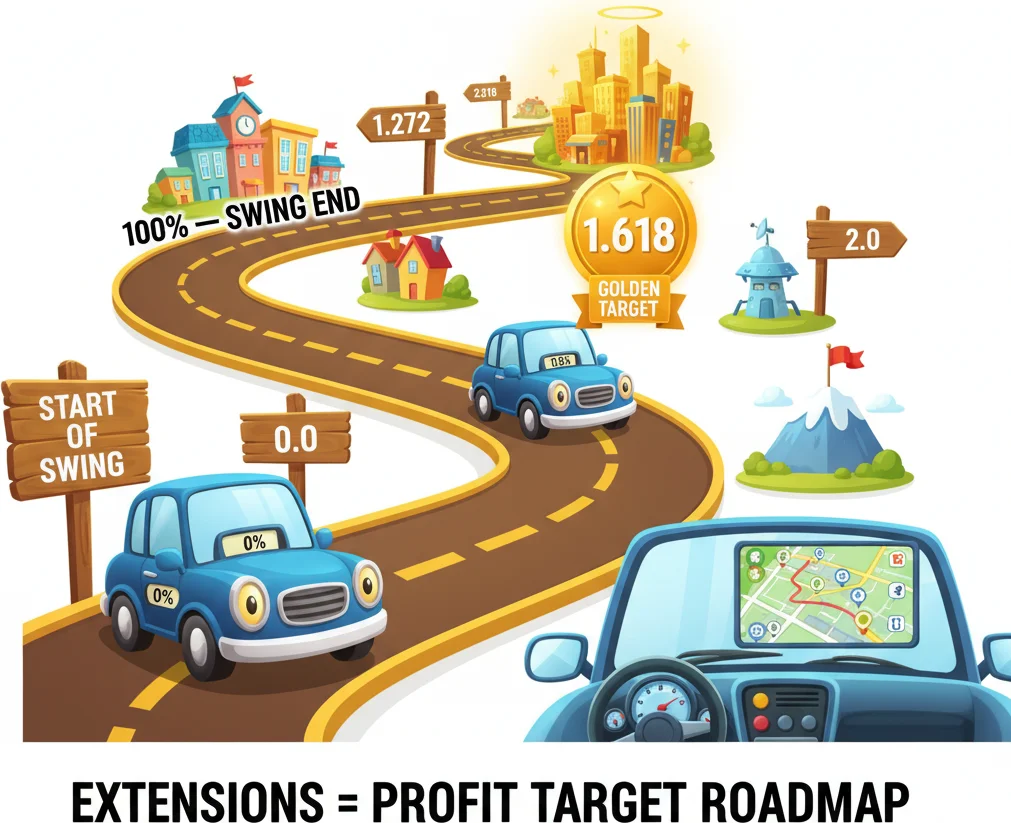 Fibonacci extension levels projecting profit targets beyond the swing