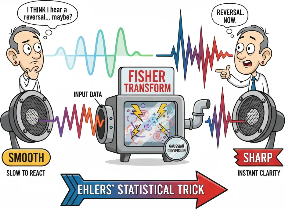 Ehlers Gaussian transformation turning noisy price data into sharp peaks