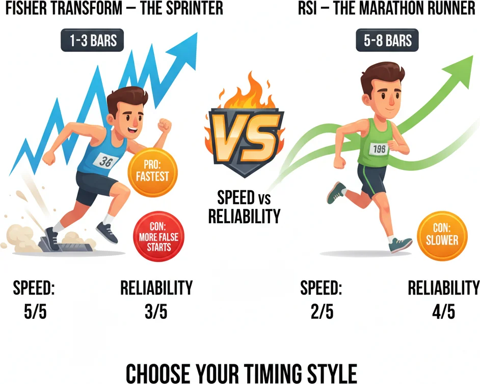 Fisher Transform vs RSI — different math producing different timing