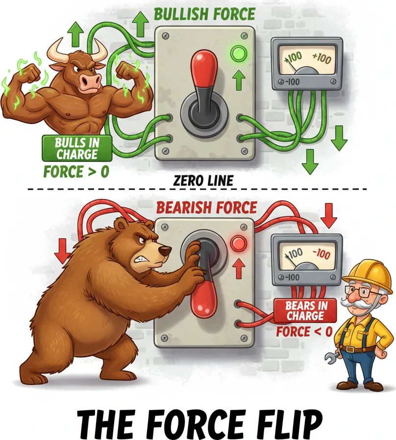 Force Index zero line crossovers — positive means bulls have force negative means bears
