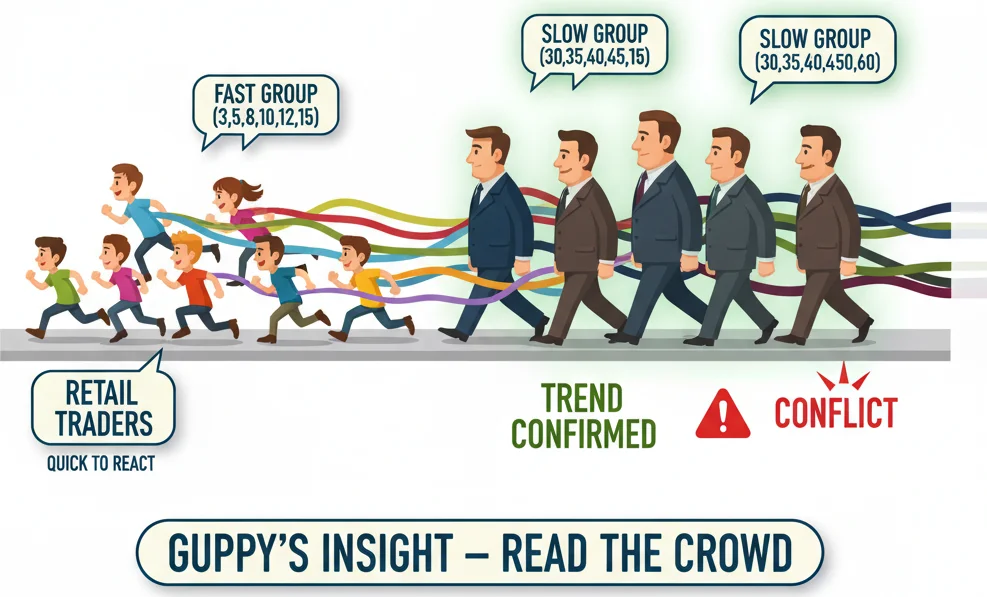 Guppy GMMA separating retail traders from institutional investors with two EMA groups