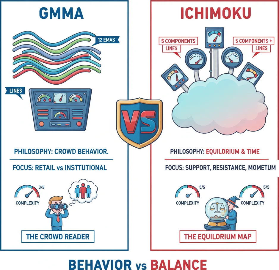 GMMA vs Ichimoku comparison — two multi-line indicator systems