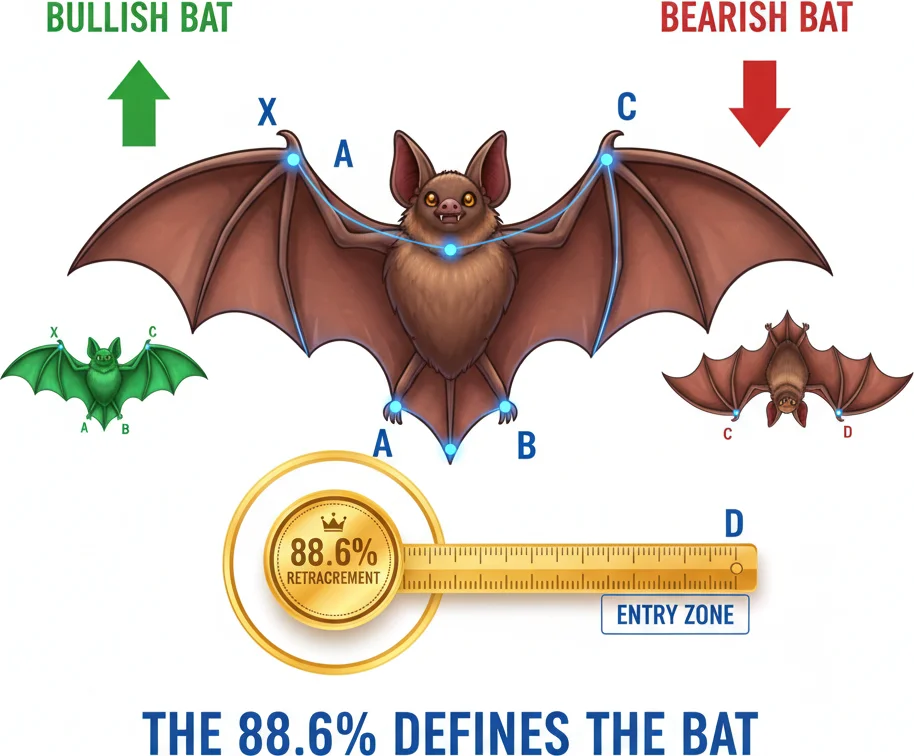 Harmonic Bat pattern five points X A B C D with 88.6% retracement