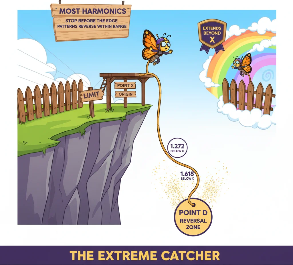 Butterfly harmonic pattern extending beyond the origin point X